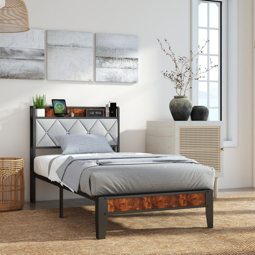 Soft-padded Headboard With Storage, Charging Port, Iron Frame Bed