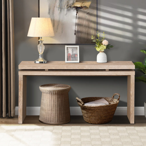 60  Antique Natural Farmhouse Console Table - Retro Wooden Entryway Table With Double Board Suspension Design, Solid Wood & MDF, Sofa Table For Living Room