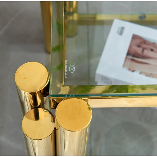 20 Inch Square End Table, Modern Stainless Steel End Table, Double-Layer Clear Tempered Glass Coffee Table, Side Table With Storage, For Living Room Home Office