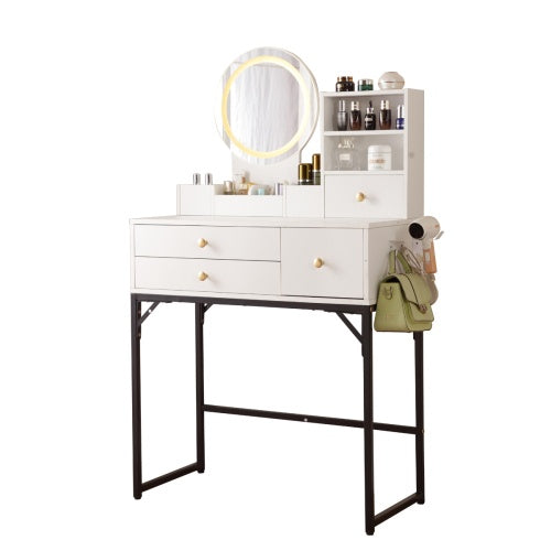Vanity Desk With Lighted Mirror & Power Outlet, Makeup Vanity Desk With Drawers And Cabinet, Sturdy Iron Bracket, Make Up Vanity Table For Bedroom, White