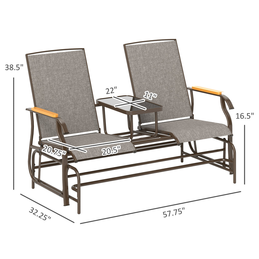 Outdoor 2-Person Glider Bench, Outside Glider Swing Chair Loveseat With Table, Steel Frame, Light Mixed Brown