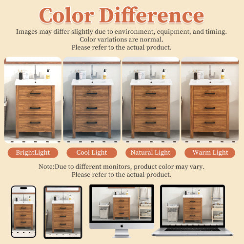 24'' Bathroom Vanity With Ceramic Basin Sink, Modern Bathroom Storage Cabinet With 3 Drawers, Freestanding Bathroom Vanity Cabinet With Single Sink