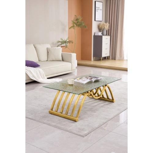47 Rectangle Modern Stainless Steel Coffee Table, Water Ripple Tempered Glass Coffee Table, Center Table, For Living Room Home Office, Easy Assembly, Gold