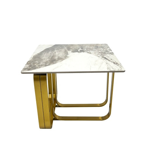 Rectangular End Table With Sintered Stone Top, Gold Metal Frame For Living Room