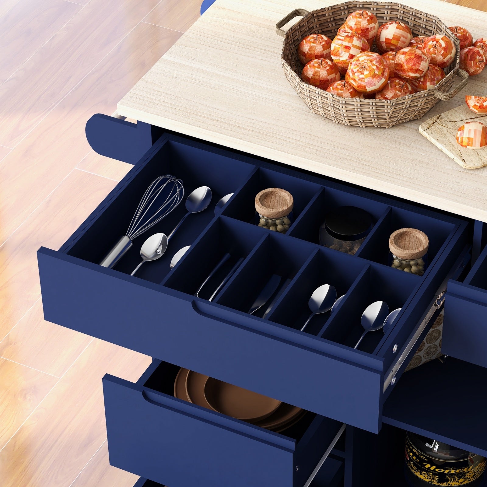 K&K Store Kitchen Cart With Rubber Wood Top, 8 Handle-Free Drawers