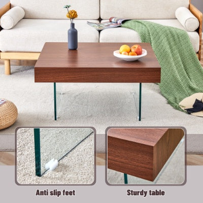 Natural Style Square MDF Coffee Table - 31.5x31.5 With Tempered Glass Legs.Density Board Sticker,Reinforced Glass