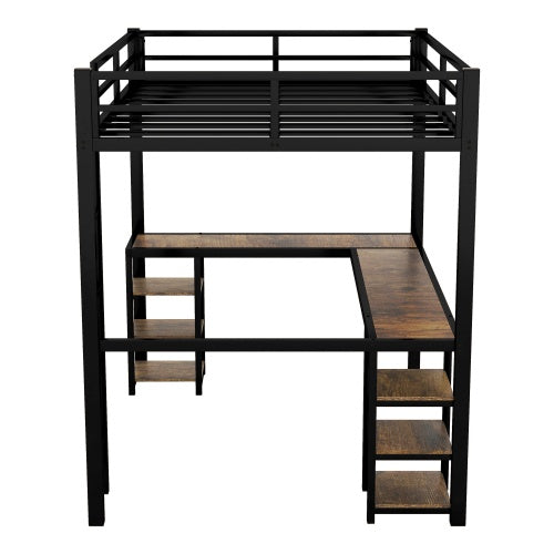 Twin XL Metal Loft Bed With Desk And Shelves, Loft Bed With Ladder And Guardrails, Loft Bed Frame For Bedroom, Black