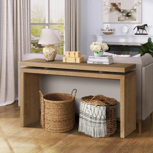 60  Antique Natural Farmhouse Console Table - Retro Wooden Entryway Table With Double Board Suspension Design, Solid Wood & MDF, Sofa Table For Living Room