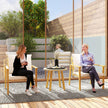 3 Piece Outdoor Bistro Set, Wood Effect Metal Patio Set With Wide And Deep Chairs, Round Table, Cushions, Cream White