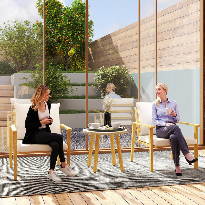 3 Piece Outdoor Bistro Set, Wood Effect Metal Patio Set With Wide And Deep Chairs, Round Table, Cushions, Cream White