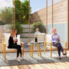 3 Piece Outdoor Bistro Set, Wood Effect Metal Patio Set With Wide And Deep Chairs, Round Table, Cushions, Cream White