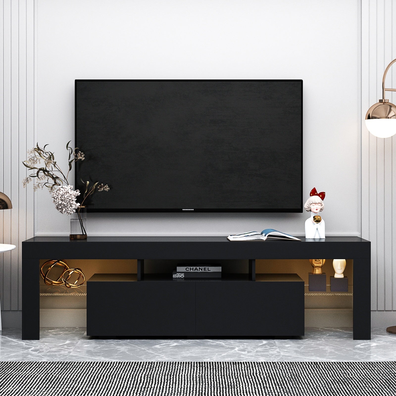 Modern Black TV Stand, 20 Colors LED TV Stand W Remote Control Lights