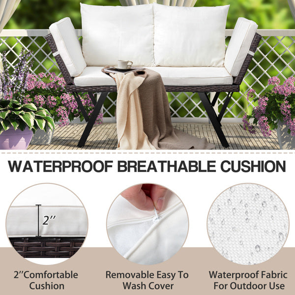 Stretchable Brown Rattan, Beige Cushion, Woven Rattan Bench