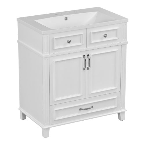 30'' Bathroom Vanity With Resin Sink, Solid Wood Frame Bathroom Storage Cabinet With Soft Closing Doors, Retro Style, White