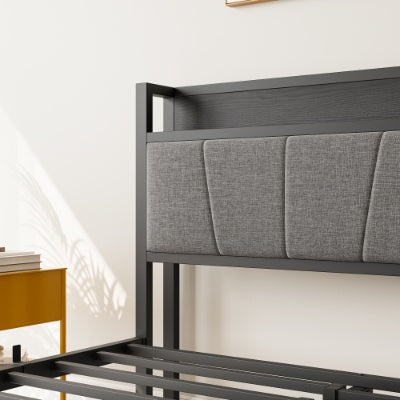 Full Size Bed Frame, Storage Headboard With Charging Station, Solid And Stable, No Box Spring Needed, Easy Assembly