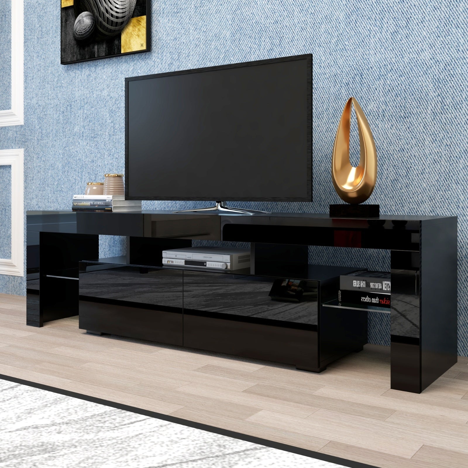 Modern Black TV Stand, 20 Colors LED TV Stand W Remote Control Lights