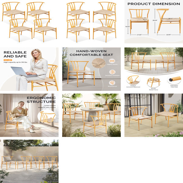 4PCS Weave Dining Chair, Mid-Century Modern Metal Rattan Chair For Kitchen Dining Living Room, Wood Color