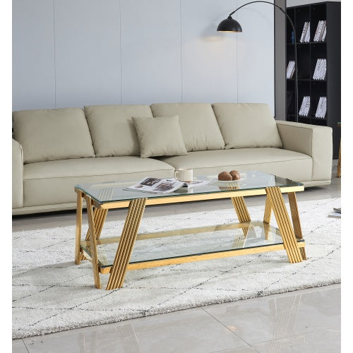 47 Wide Rectangle Modern Stainless Steel Coffee Table, Double-Layer Clear Tempered Glass Coffee Table, Center Table With Storage, For Living Room Home Office, Easy Assembly