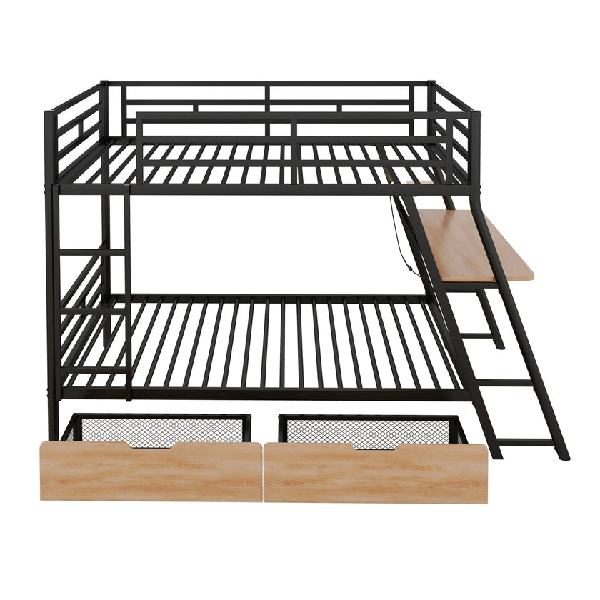 Full Size Metal Bunk Bed With Built-in Desk, Light And 2 Drawers, Black