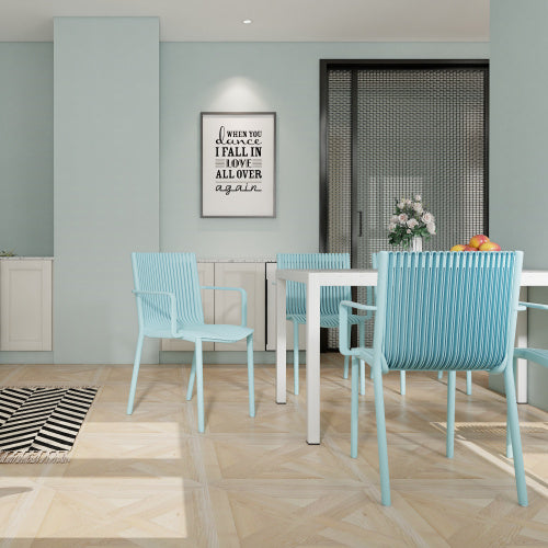 4pcs Modern Stackable Plastic Armchair For Indoor  Outdoor Use  Ergonomic Slatted Back Design, All  Weather PP Material, Light Baby Blue   Patio, Balcony, Cafe