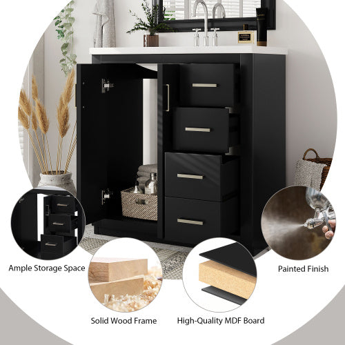 30'' Bathroom Vanity With Resin Sink Combo,Solid Wood Frame Bathroom Storage Cabinet, Freestanding Vanity Set With 3 Drawers& Soft Closing Doors