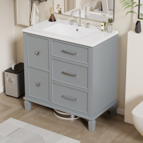 30 Inch Bathroom Vanity With Ceramic Sink, Flip-Out Drawer Design For Plumbing, White Painted MDF Cabinet With Solid Wood Legs