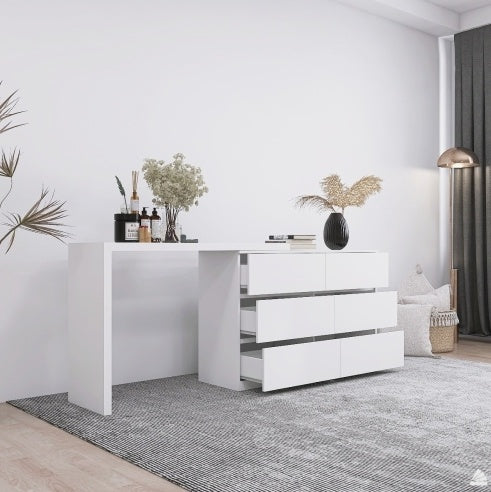 Extended Desktop 6 Drawers Chest Of Drawer Without Handle White Color Vanity