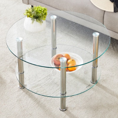 Contemporary Minimalist Double Layer Tempered Glass Coffee Table  27.5 Top And 23.6 Bottom.Reinforced Glass Tabletop,Stainless Steel Silver Plated Legs