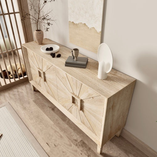 60'' Premium Rustic American Farmhouse Credenza - Symmetrical Sunburst Door Design, Heavy-Duty Antique Wood TV Stand With Adjustable Shelves, Storage Cabinet For Living Room Kitchen  Antique Natural