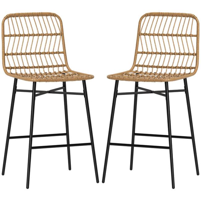 Rattan Counter Bar Stools Set Of 2, 26 Counter Height Barstools With Back, Bar Chairs For Kitchen Island, Brown