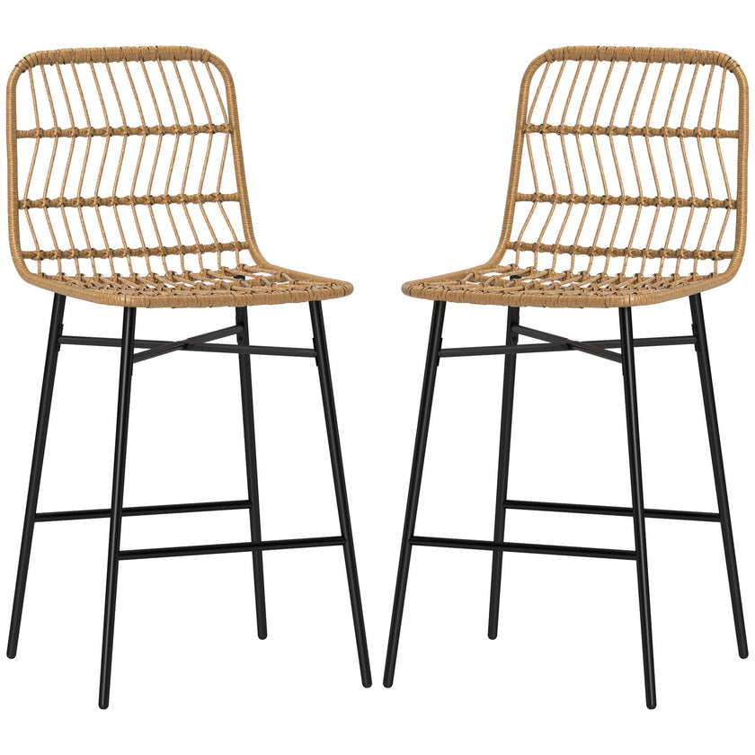 Rattan Counter Bar Stools Set Of 2, 26 Counter Height Barstools With Back, Bar Chairs For Kitchen Island, Brown