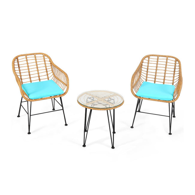 3 Pieces Rattan Furniture Set With Cushioned Chair Table