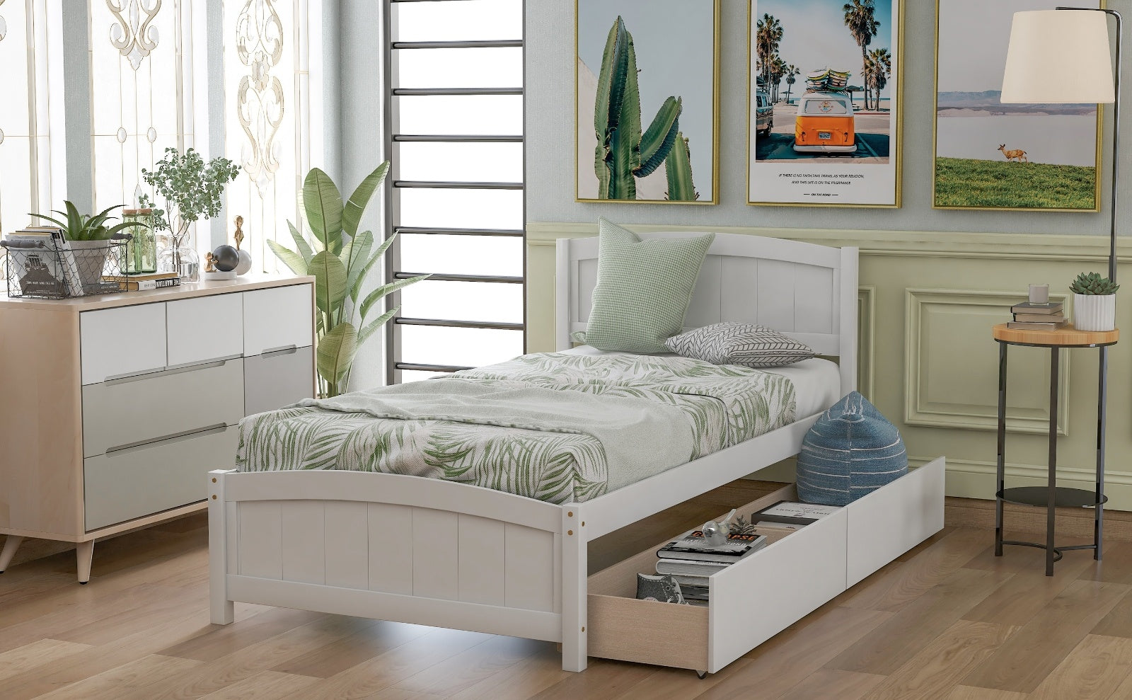 Twin Size Platform Bed With Two Drawers, White