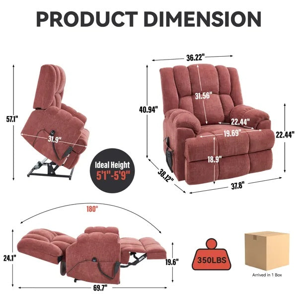 Dual Motor Heat Massage Infinite Position Up To 350 LBS Electric Power Lift Recliners With Power-Remote, Medium-firm And Heavy Duty, Red