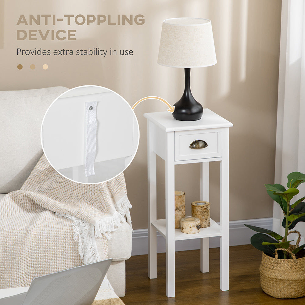 2-Tier Side Table With Drawer And Shelf, End Table For Living Room And Hallway, White