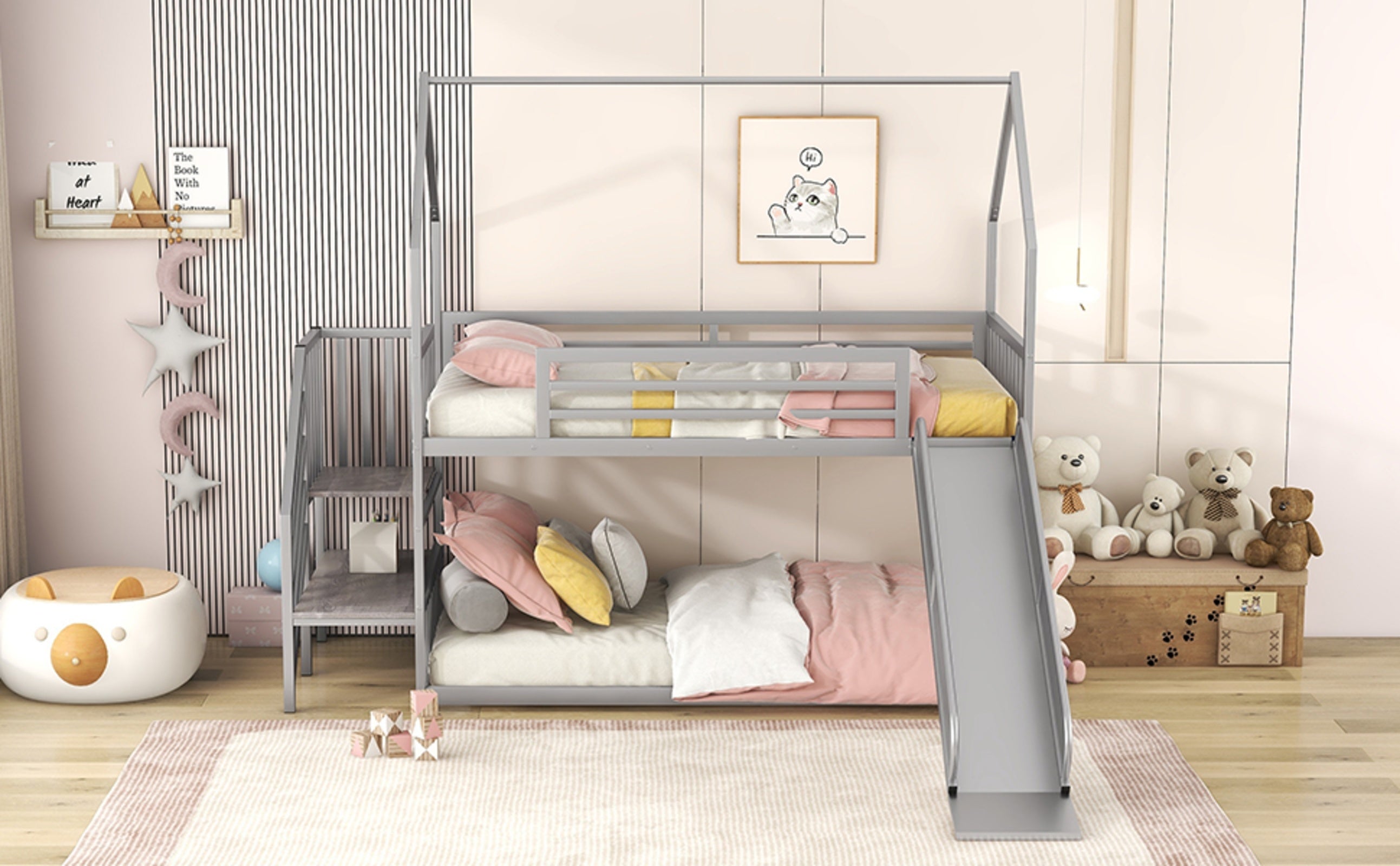 Twin Over Twin Metal Bunk Bed House Bed With Slide And Staircase, Silver
