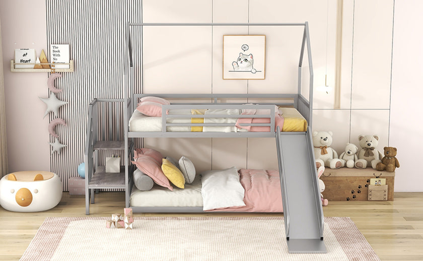 Twin Over Twin Metal Bunk Bed House Bed With Slide And Staircase, Silver