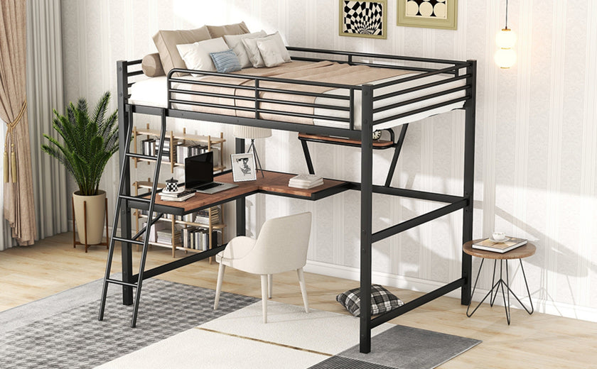 Full Size Loft Metal&MDF Bed With Desk And Shelf, Black