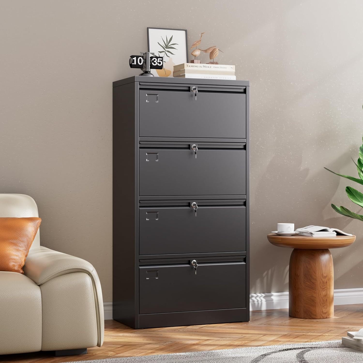 4 Drawer Lateral File Cabinet, Metal Wide Filing Cabinet With Independent Locks, Home Office Furniture For Hanging Files Letter Legal F4 A4 Size, Assembly Required, Black