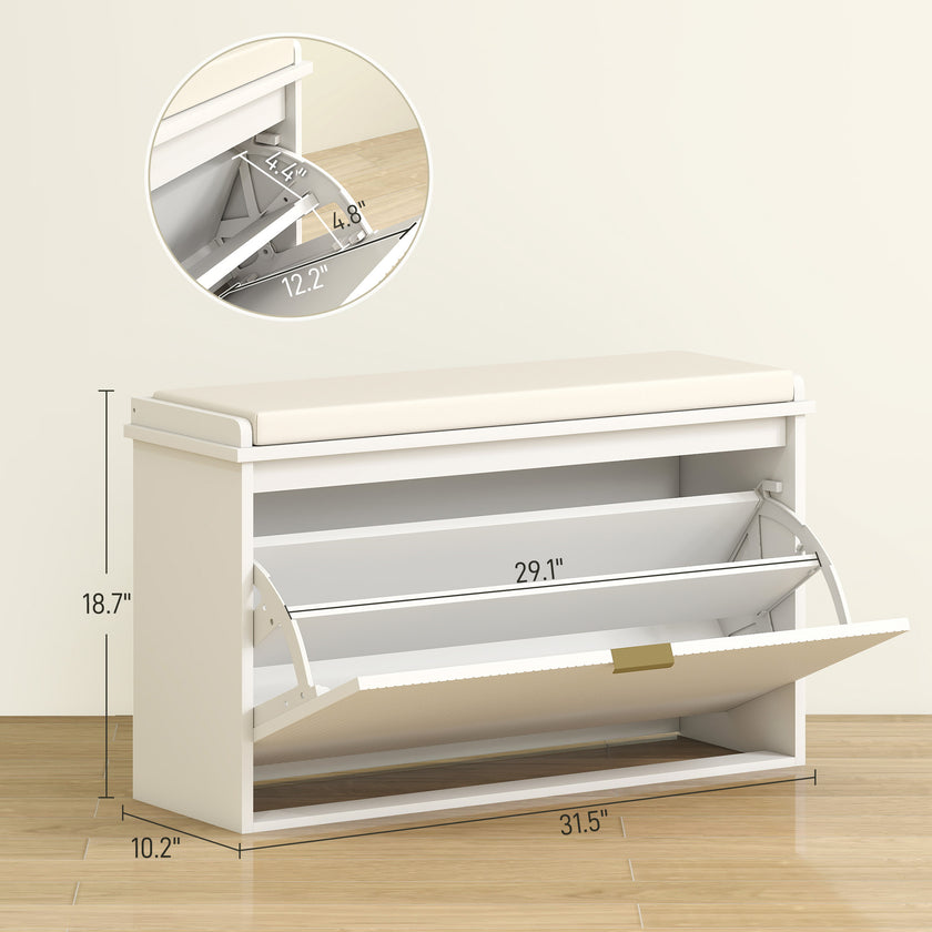 Shoe Storage Bench With Padded Seat Cushion And Flip-Drawer, Entryway Bench, Shoe Cabinet, 31.5x10.2x18.7 Inches, White