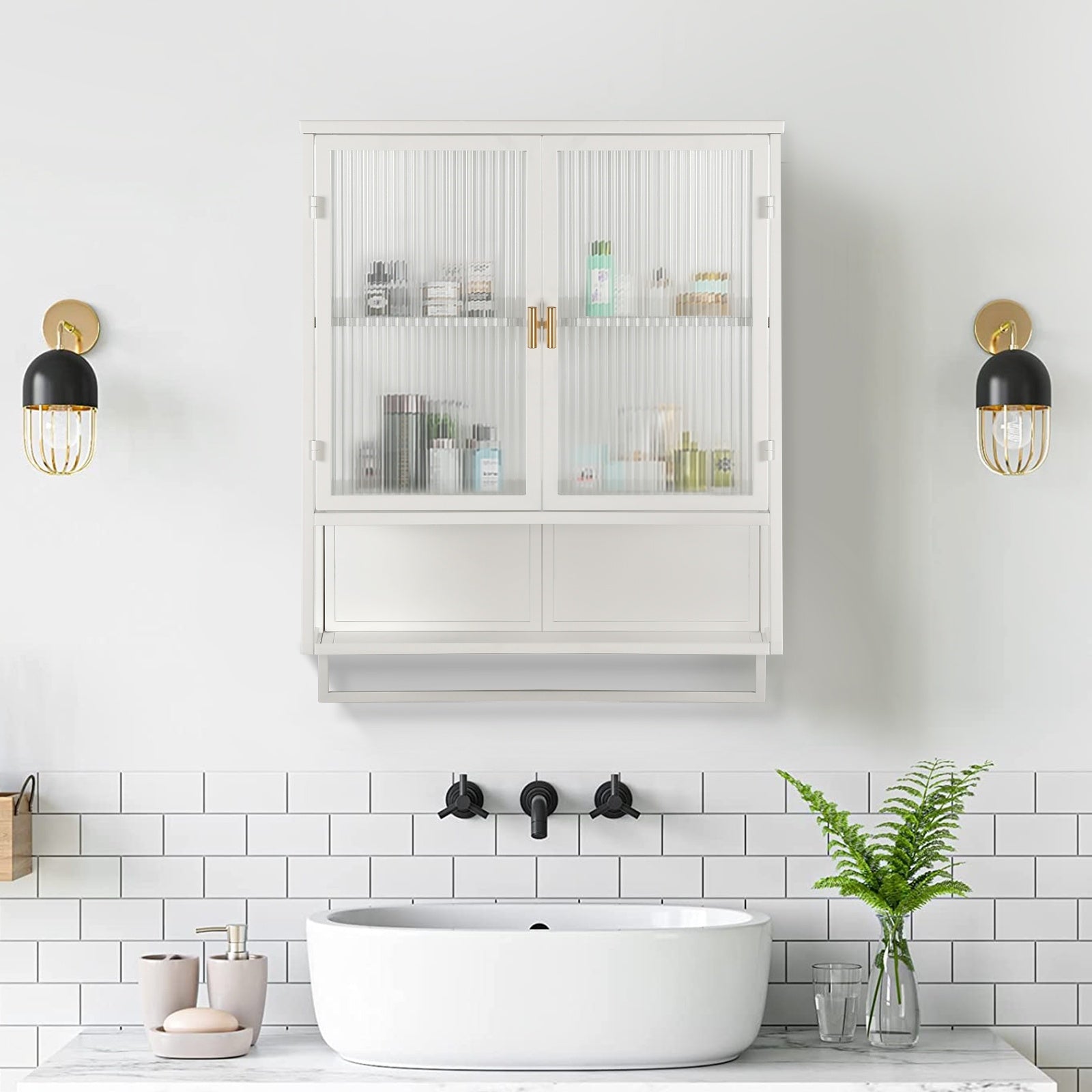 Modern Two-Door Wall Cabinet With Glass Doors And Open Shelf