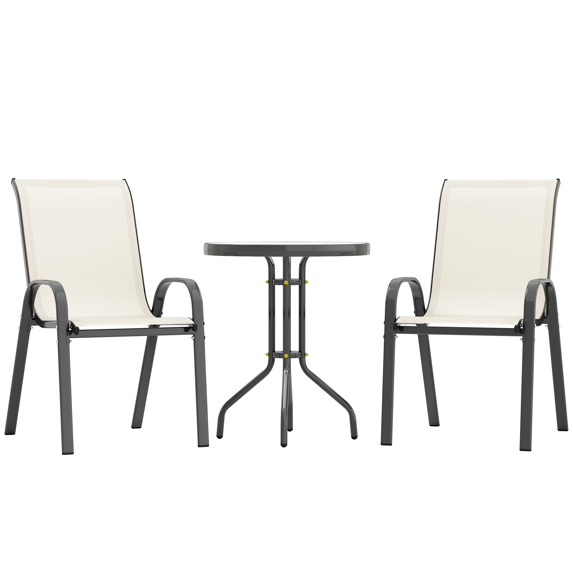 3 Pieces Bistro Set, Small Patio Furniture Set With Stackable Chairs And Glass Table For Backyard, Balcony, Beige