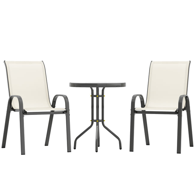 3 Pieces Bistro Set, Small Patio Furniture Set With Stackable Chairs And Glass Table For Backyard, Balcony, Beige