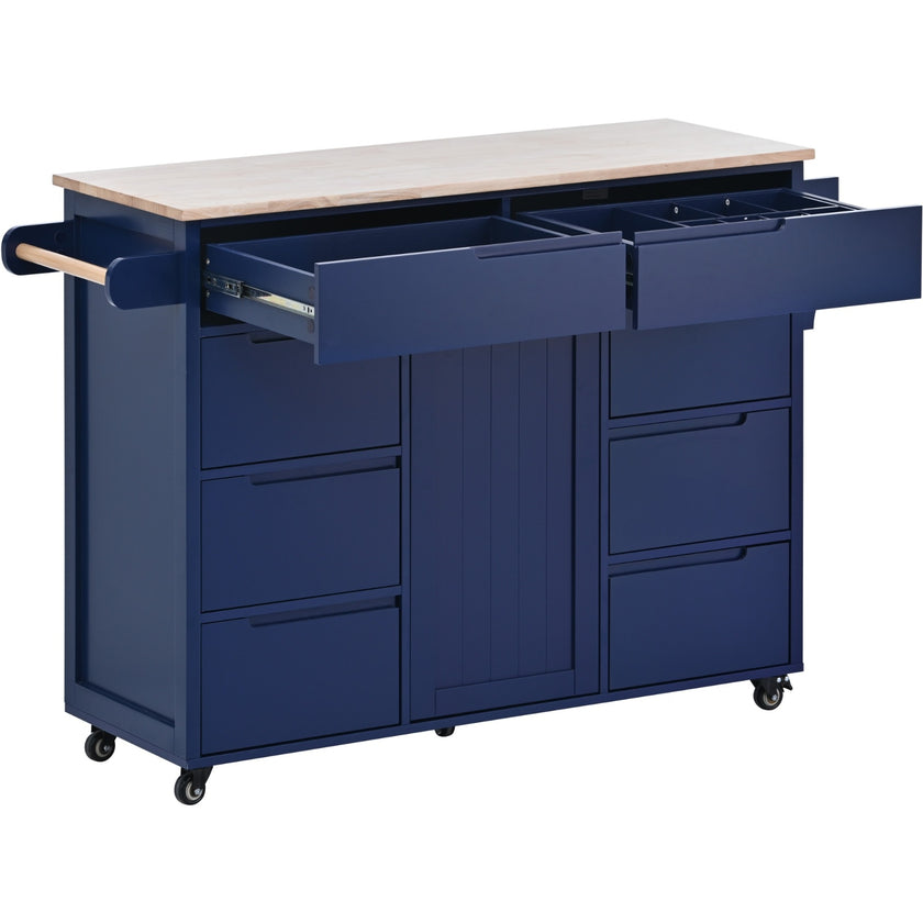 K&K Store Kitchen Cart With Rubber Wood Top, 8 Handle-Free Drawers