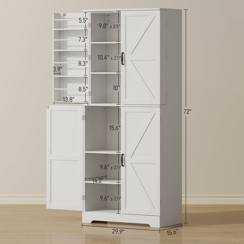 Farmhouse Kitchen Pantry, 72 Tall Pantry Cabinet With 4 Barn Doors, 4 Adjustable Shelves And 8 Door Shelves, White
