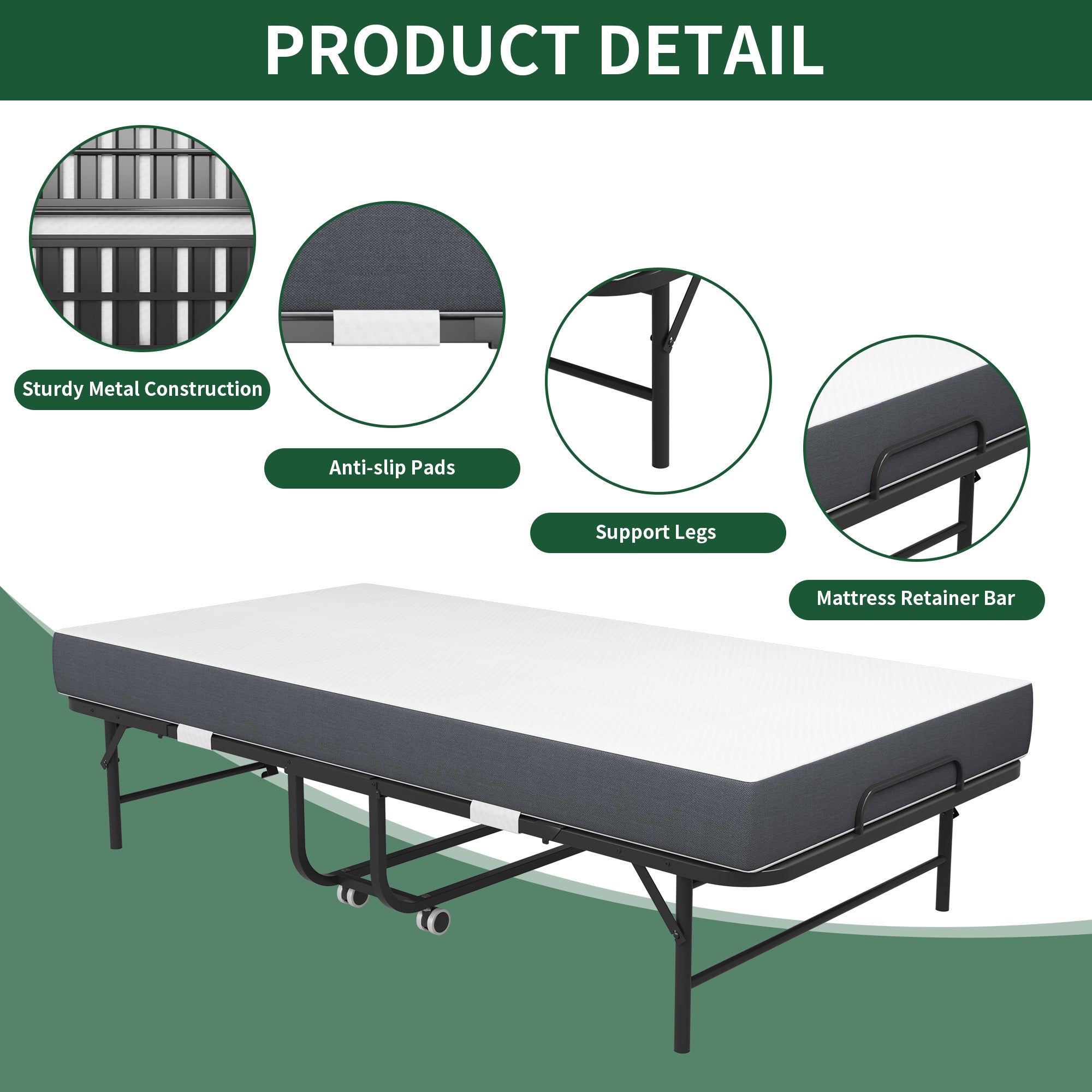 Twin Folding Bed With Memory Foam Mattress, Portable Foldable Extra Bed, Rollaway Bed For Guests, And Sturdy Metal Frame