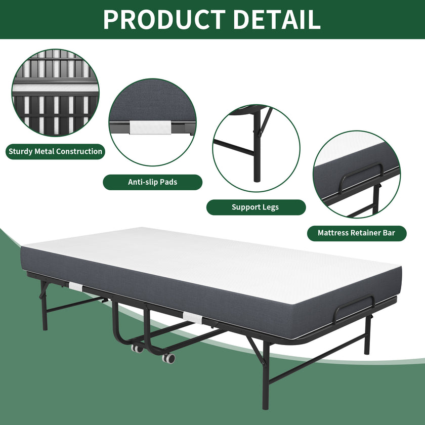 Twin Folding Bed With Memory Foam Mattress, Portable Foldable Extra Bed, Rollaway Bed For Guests, And Sturdy Metal Frame