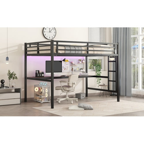 Metal Full XL Size Loft Bed With Power Outlet And LED Lighted, Space-Saving, Noise Reduced, Black