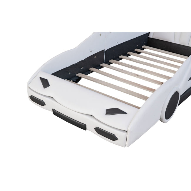 Twin Size Race Car-Shaped Platform Bed With Wheels, White
