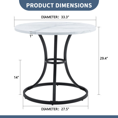 A Modern Minimalist Circular Table With A Diameter Of 33.3 Inches, An Elegant And Practical Choice.White Marble Textured Pattern Desktop, Paired With Uniquely Shaped Metal Leg.
